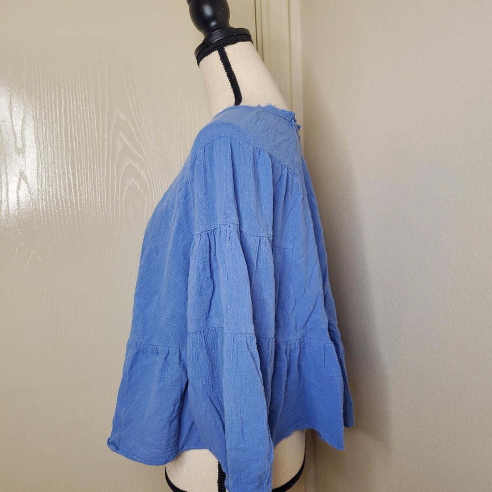 Free People Womens Blue Gauze Cotton Peplum Open‎ Back Long Sleeve Size Small - Picture 4 of 12